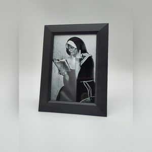 Vintage Pop Art Black White Framed Photo Nun Smoking Reading Funny Wall Art